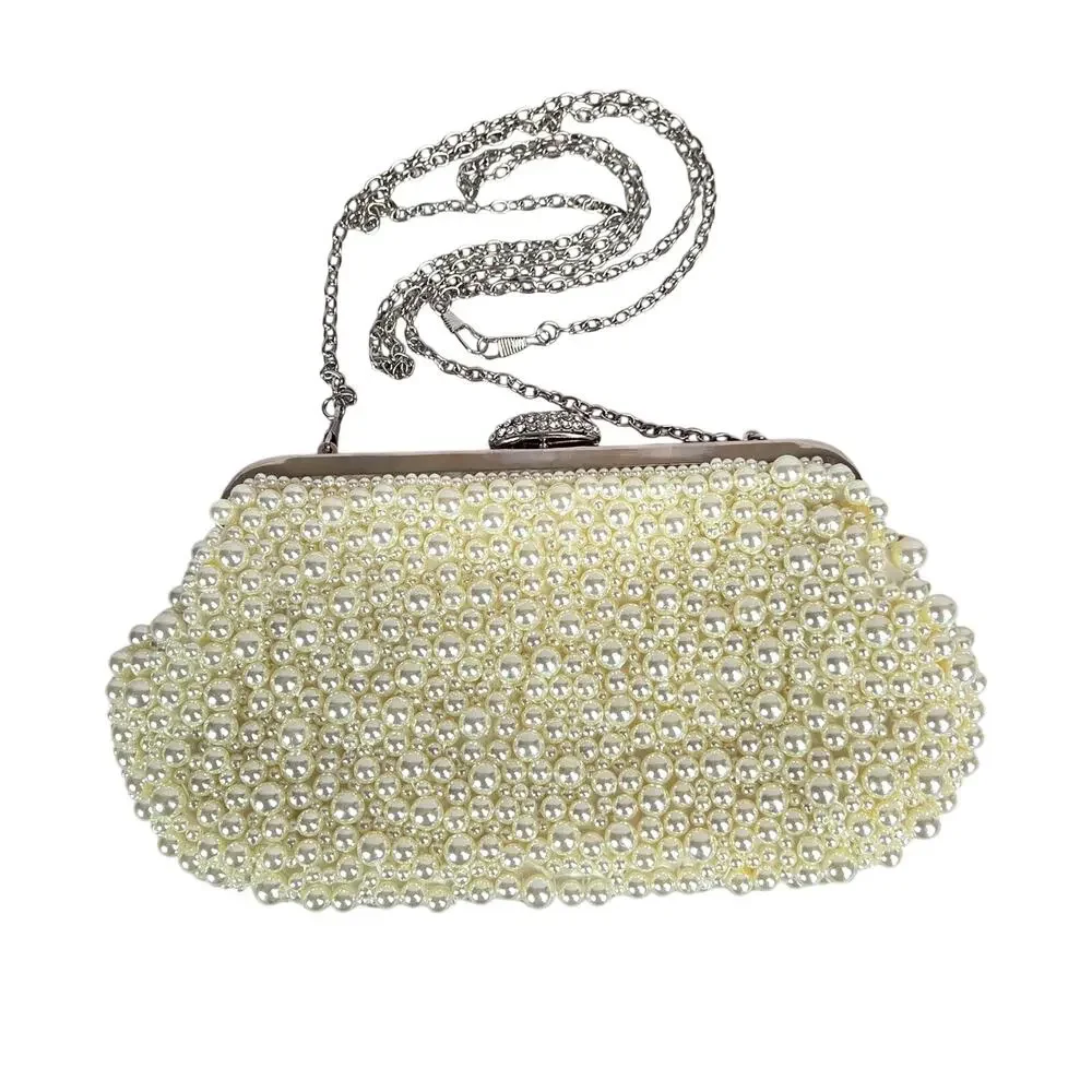Faux Pearl Jeweled Clutch Purse Chain Strap Sophisticated Parisian Timeless Bag
